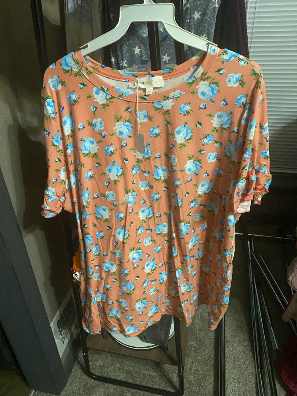 Women's Coral Short Sleeve Tee with Blue Floral Print